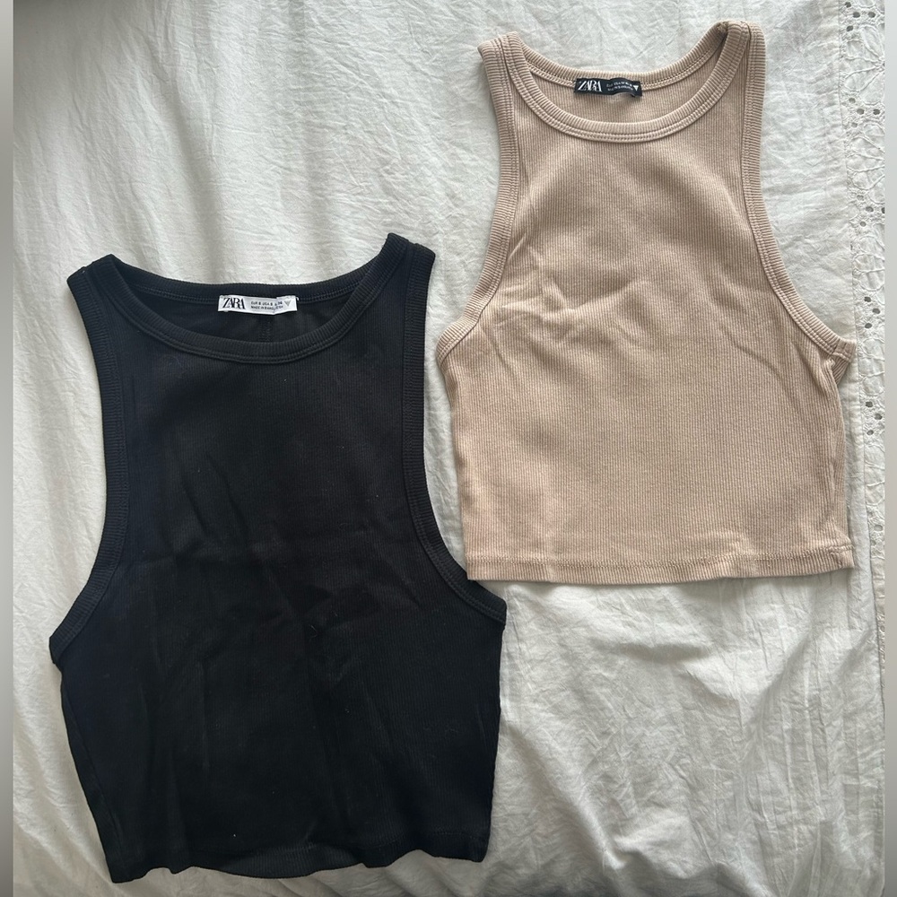 Zara Ribbed Tank Tops in Black and Beige - Set of 2